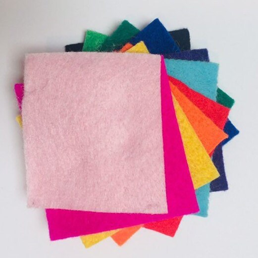 colour samples of the felt fabrics - pink, yellow, orange, red, turquoise, blue, green, purple