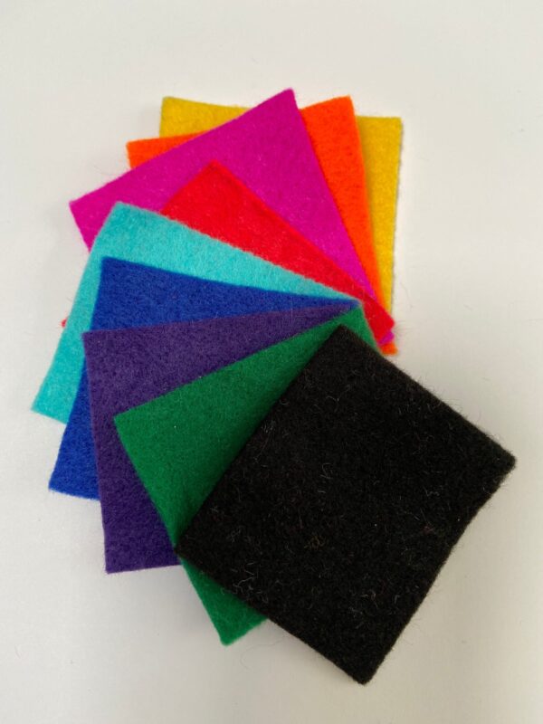 felt fabric swatch colour samples - yellow, orange, pink, red, turquoise, blue, purple, green, black