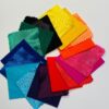 samples of all fabric colours (clockwise from top) - yellow, orange, pink, red, purple, turquoise, blue, green, black